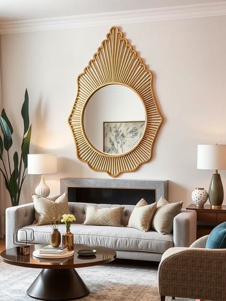 gold accent mirror in a modern living room