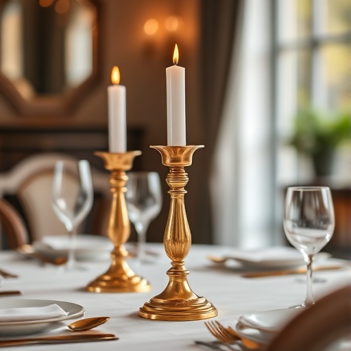 gold candle holders on a dining table