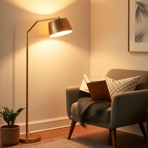 gold floor lamp in a reading nook