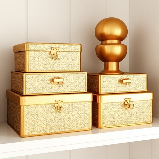 gold storage boxes on a shelf