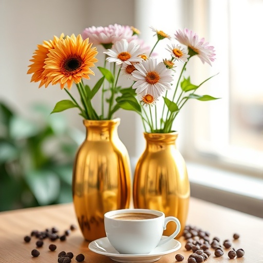 gold vases with flowers on a coffee table