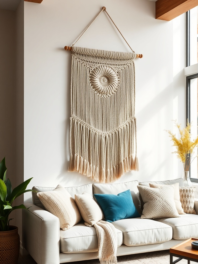 jute rope wall hanging in a living room