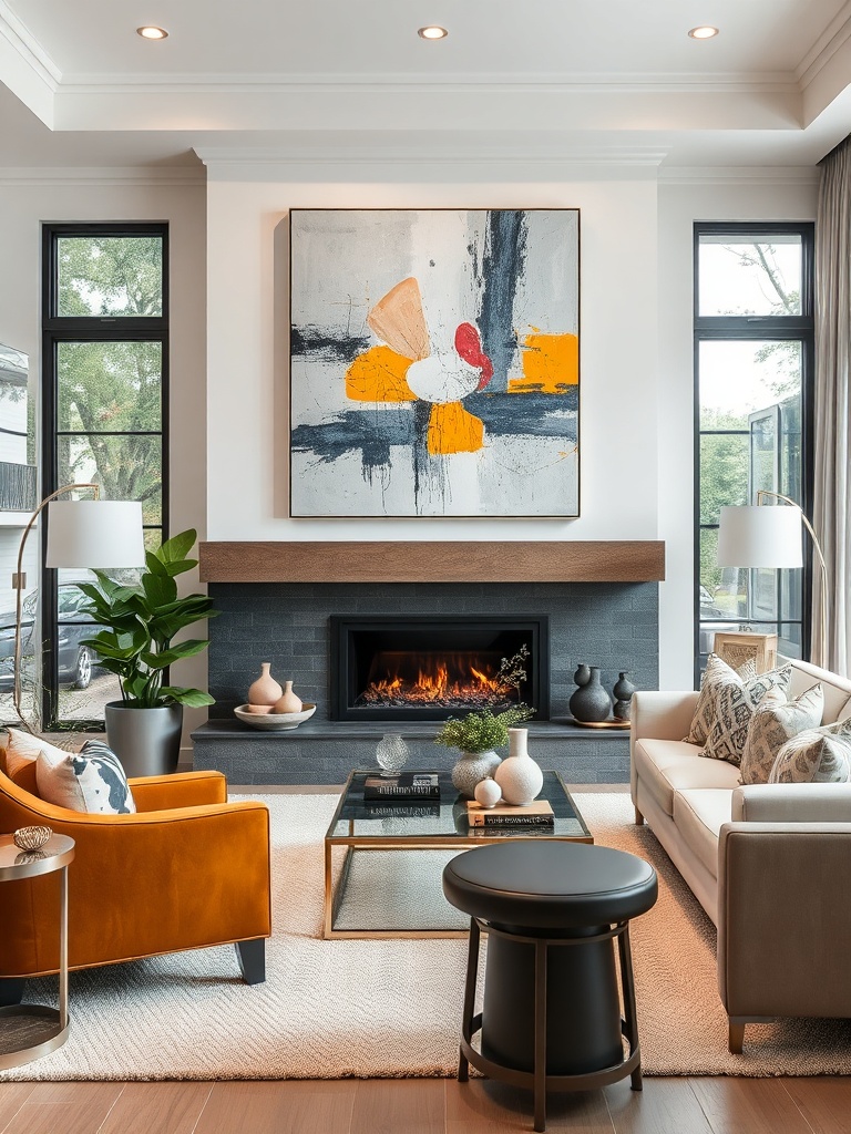 living room with abstract art