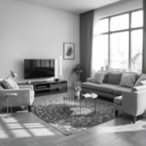 living room with black and white photography