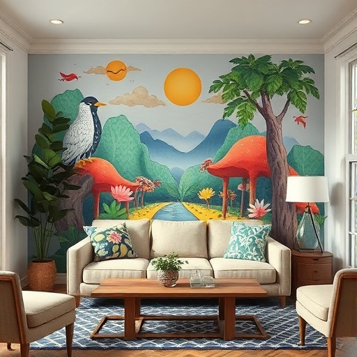cozy living room with mural