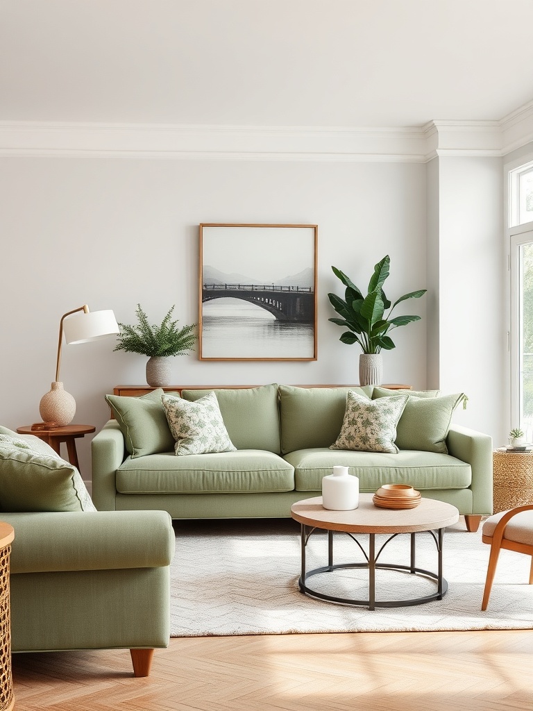 living room with sage green decor
