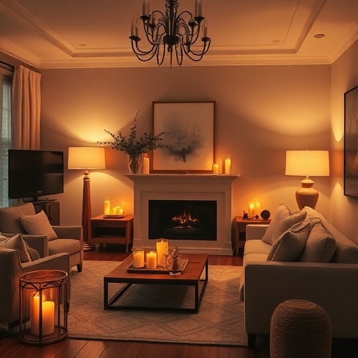 living room with warm ambient lighting