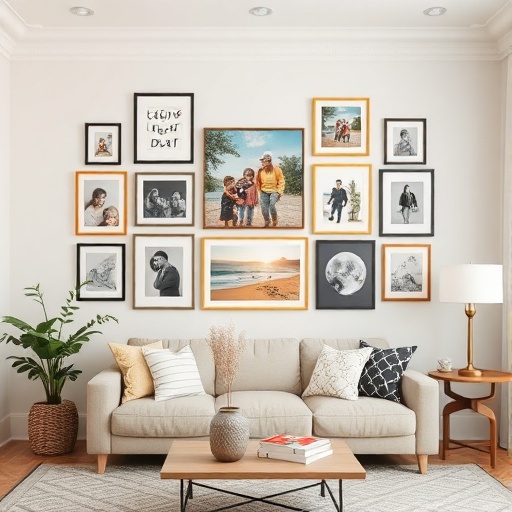 wall with family photos and personal artwork