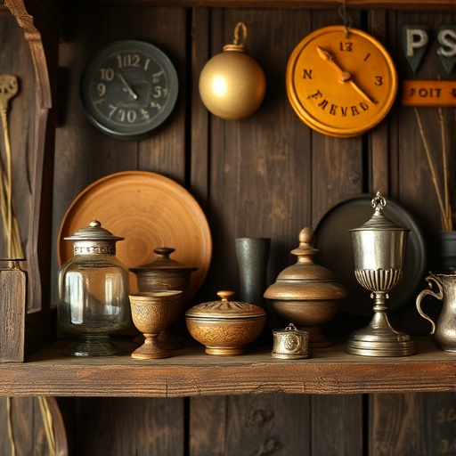 vintage accessories on a rustic shelf