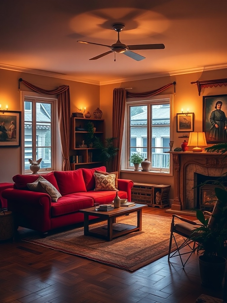 cozy living room with red sofa