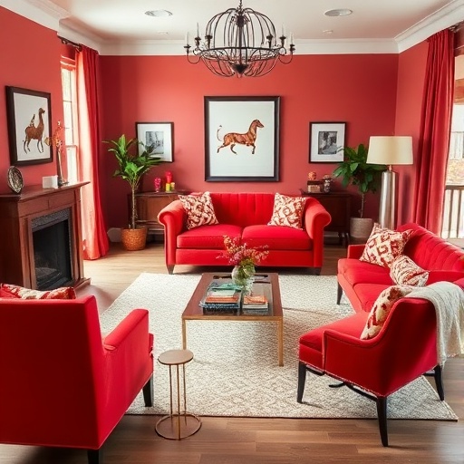 stylish room with red furniture