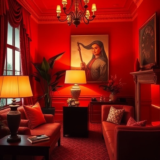room with red decor and lighting