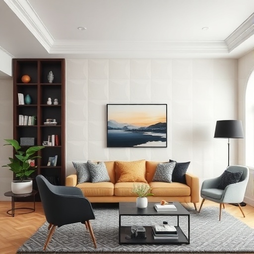 living room with geometric wallpaper