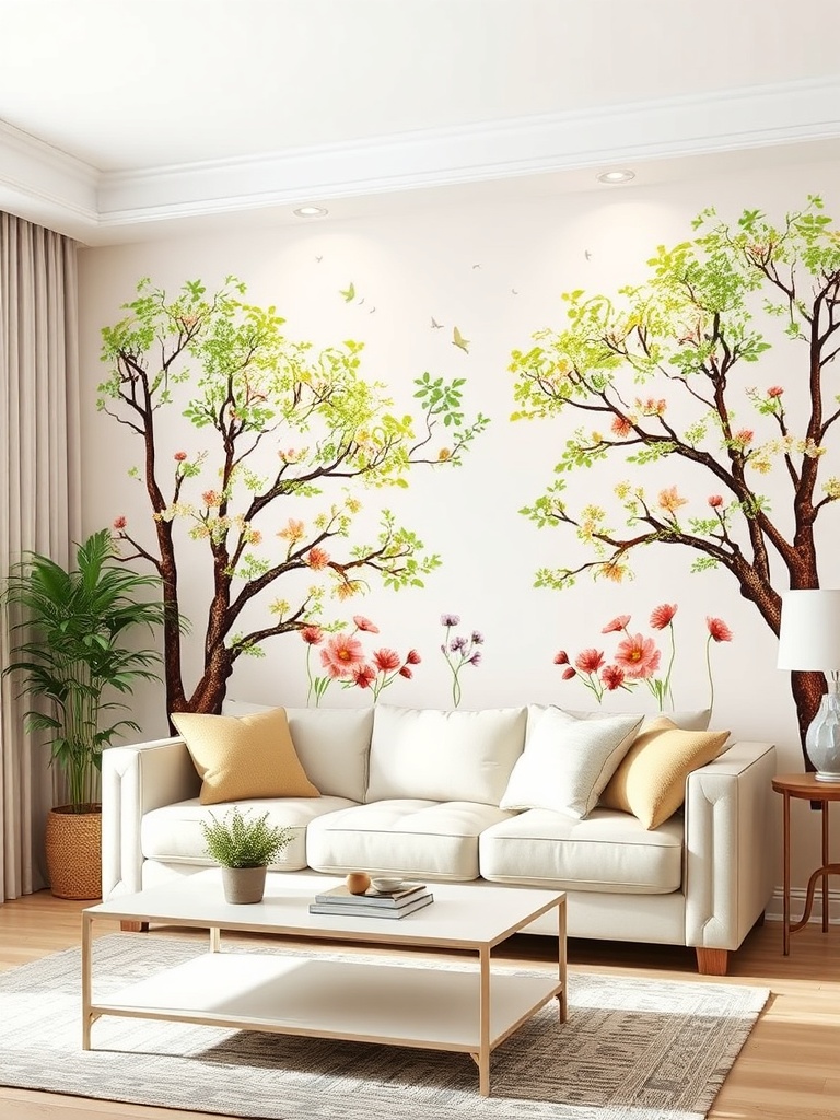 living room with nature-themed wall stickers