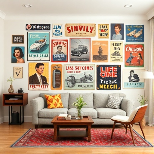 living room with vintage wall stickers