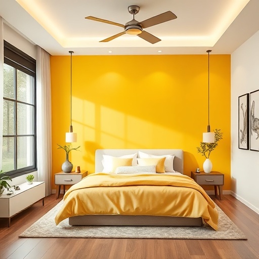 vibrant yellow accent wall in a bedroom