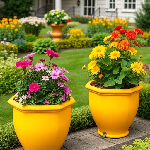 bright yellow planters in a garden