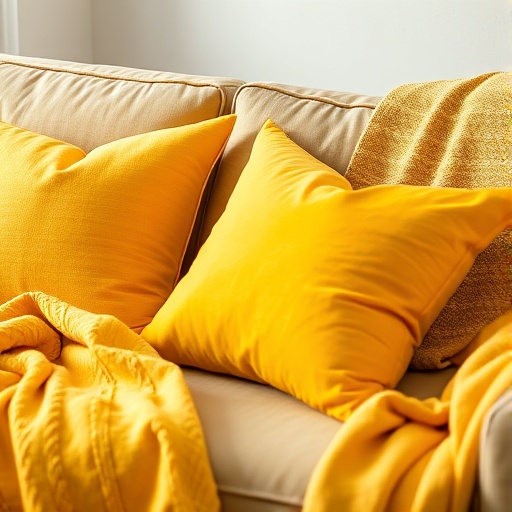 yellow pillows and throws on a sofa