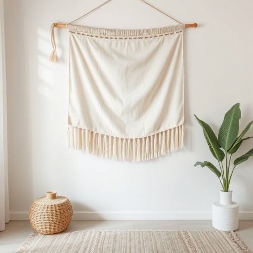 fabric wall hanging in a minimalist room