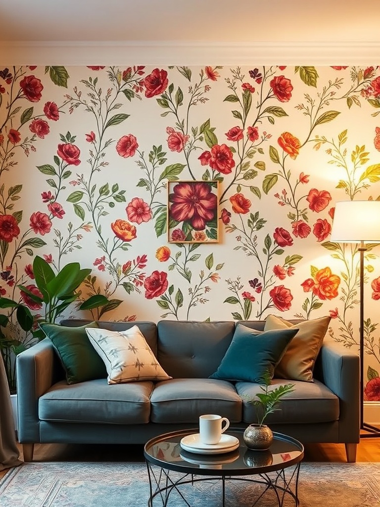 living room with removable wallpaper