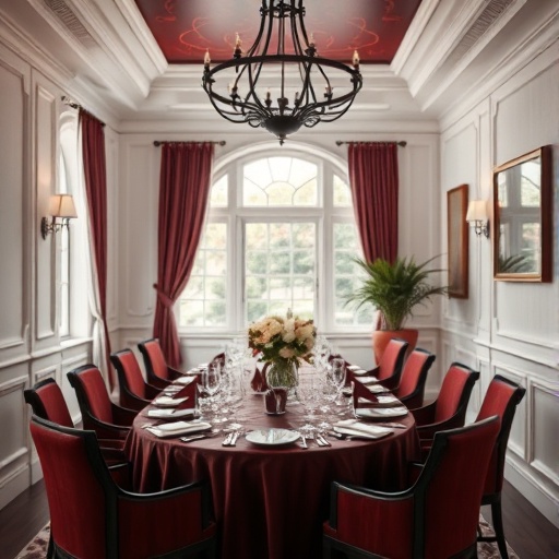 elegant dining room with burgundy decor