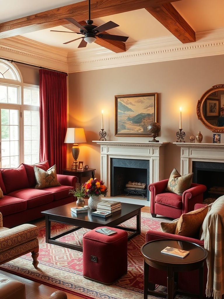 cozy living room with burgundy furniture