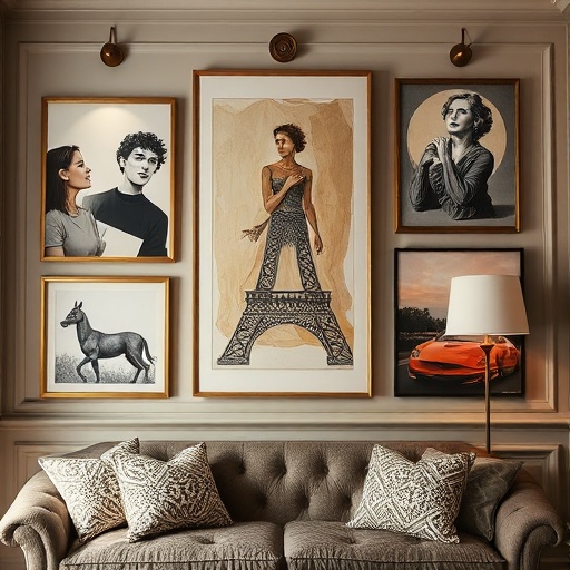 Wall with statement art pieces in Parisian style