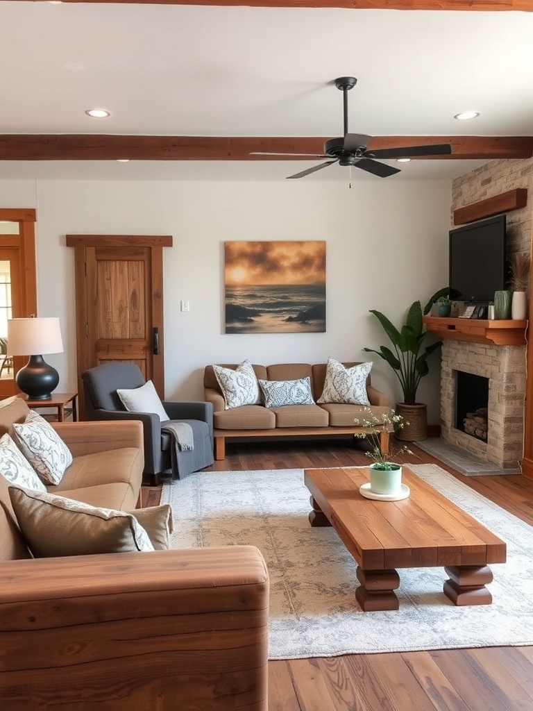 cozy living room with reclaimed wood furniture