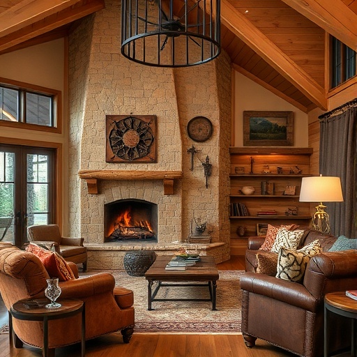living space with stone fireplace