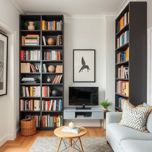 tall bookshelves in small apartment