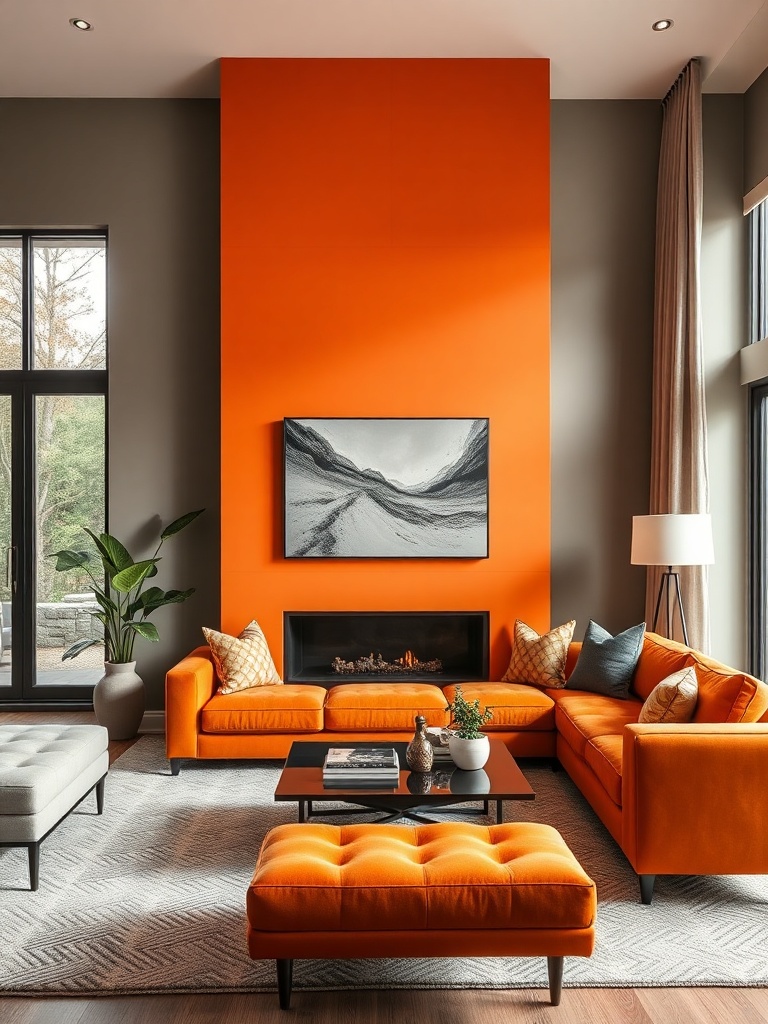 Living room with a bold orange accent wall