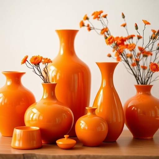 Decorative orange vases and accessories on a table