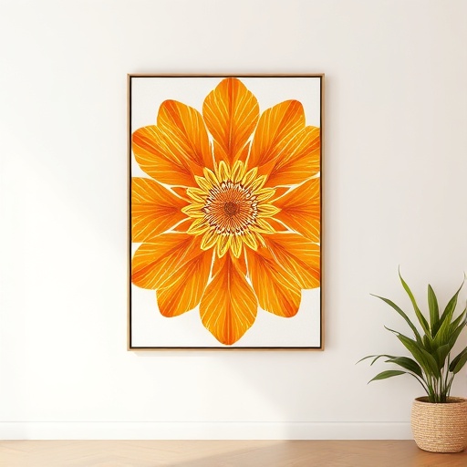Vibrant orange-themed artwork on a wall