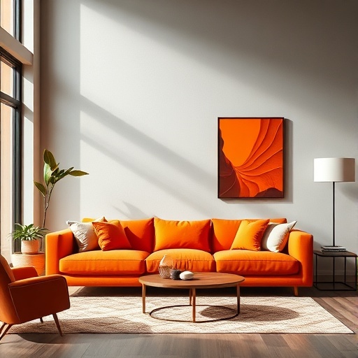 Vibrant orange sofa in a modern living room