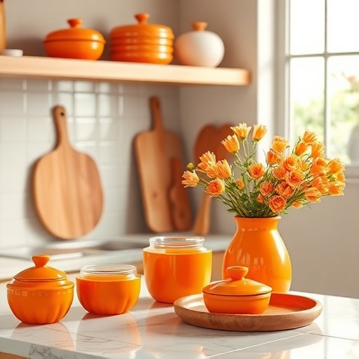 Orange kitchen accessories on a countertop