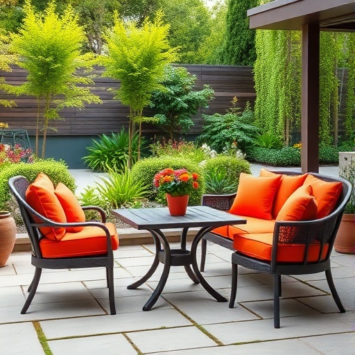 Outdoor furniture with orange cushions in a garden