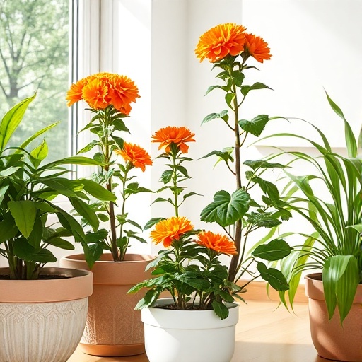 Potted plants with orange flowers in a bright room