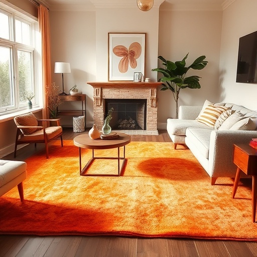 Stylish orange rug in a cozy living room