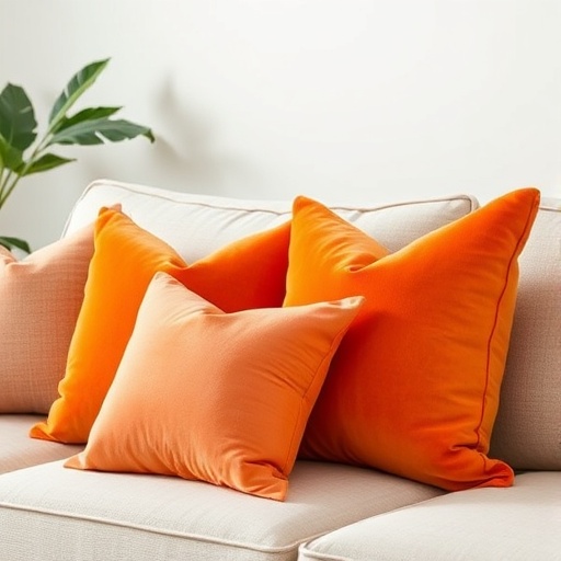 Colorful orange throw pillows on a sofa