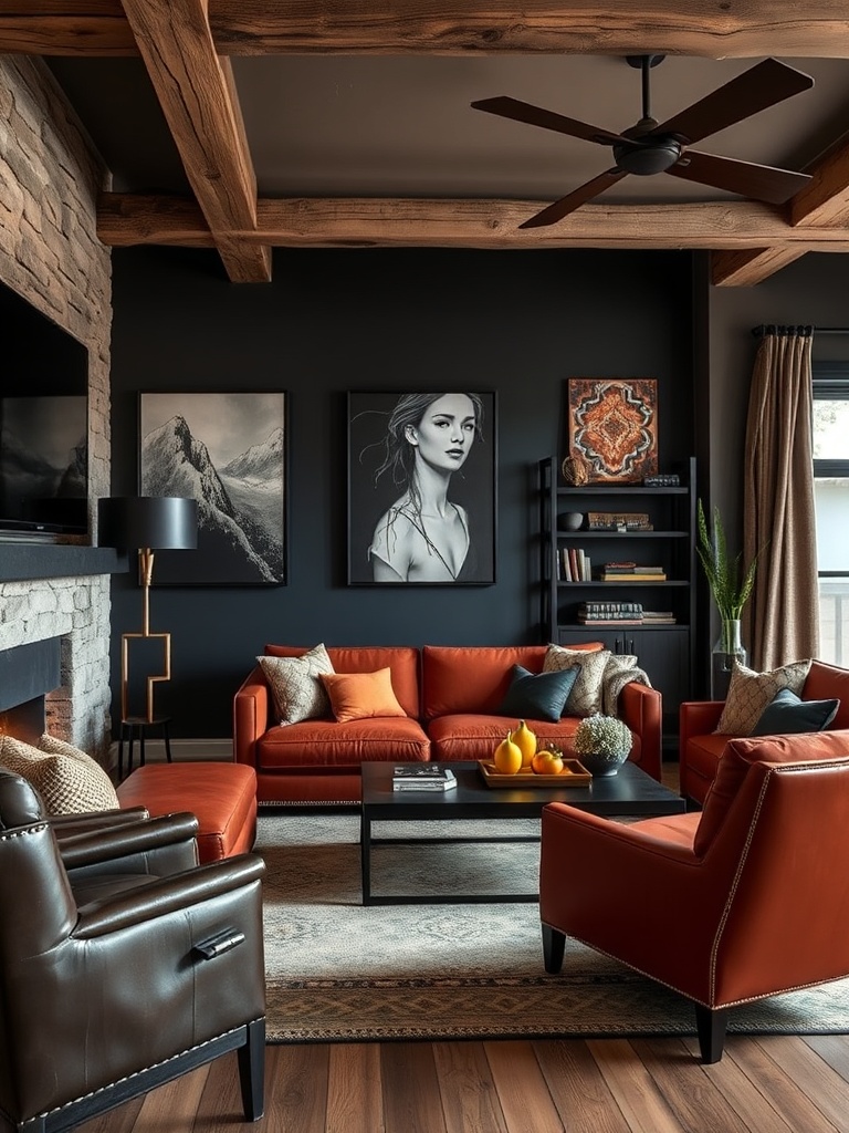 masculine living room with bold colors