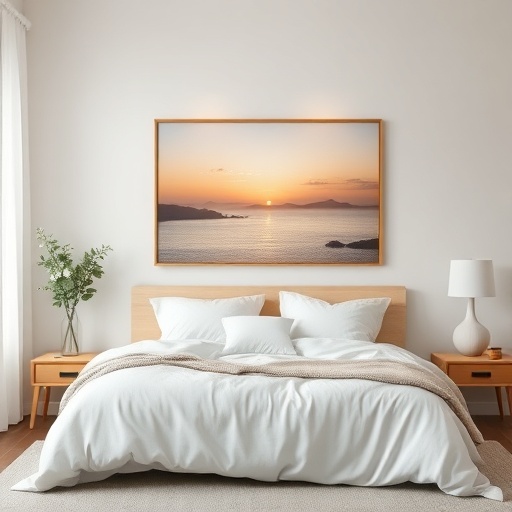 bedroom with calming art