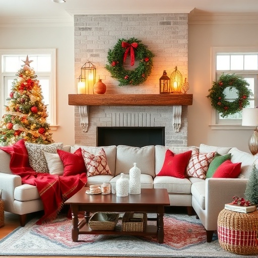 living room with seasonal decorations