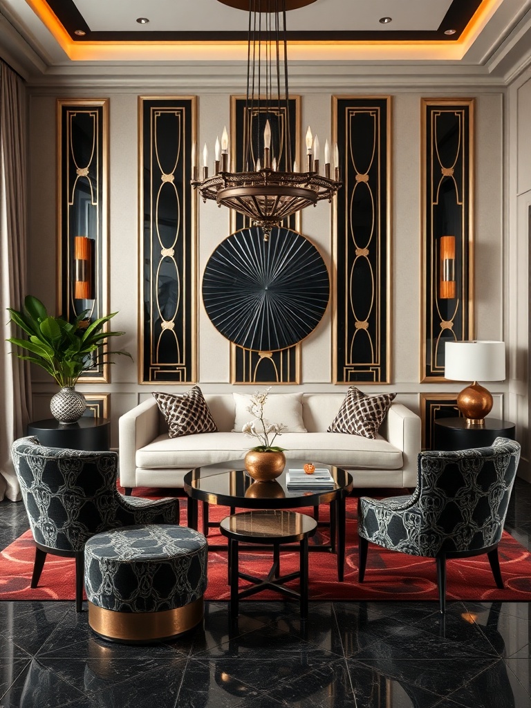 art deco living room with geometric patterns
