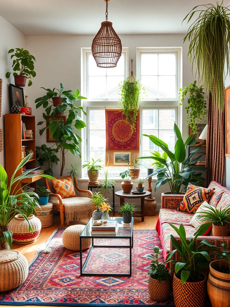bohemian styled room with textiles and plants