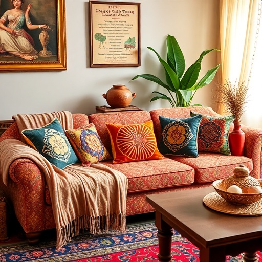 Vibrant cushions and throws on a sofa