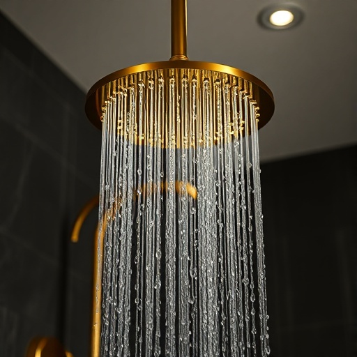 brass showerhead in bathroom