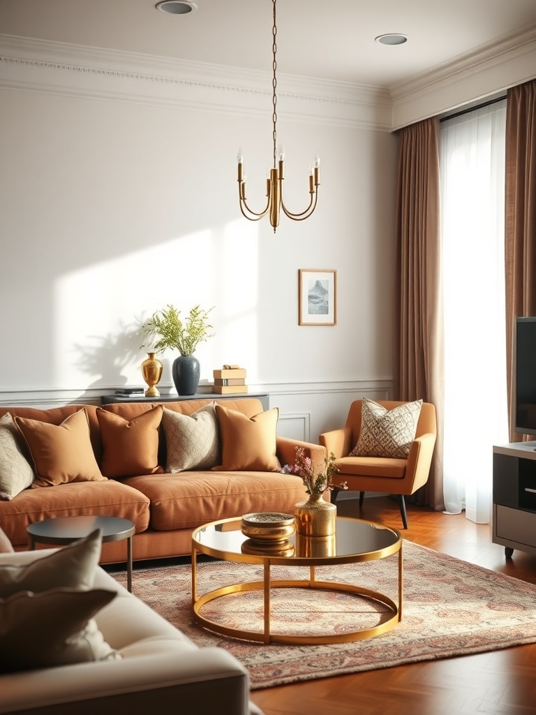 living room with brass decor