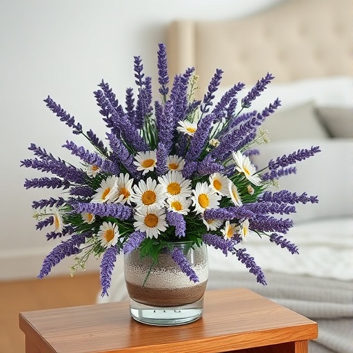nightstand with lavender bouquet