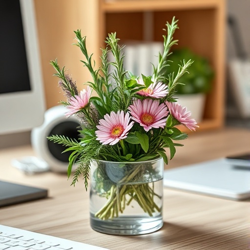 desk with flower arrangement
