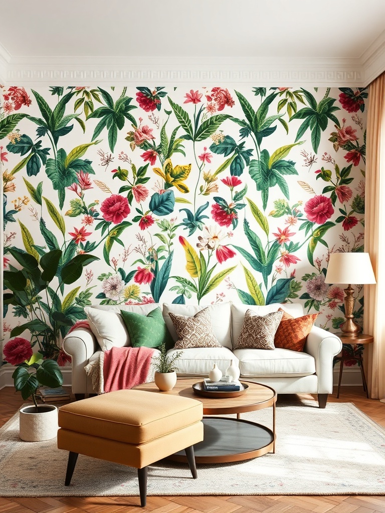 living room with botanical wallpaper
